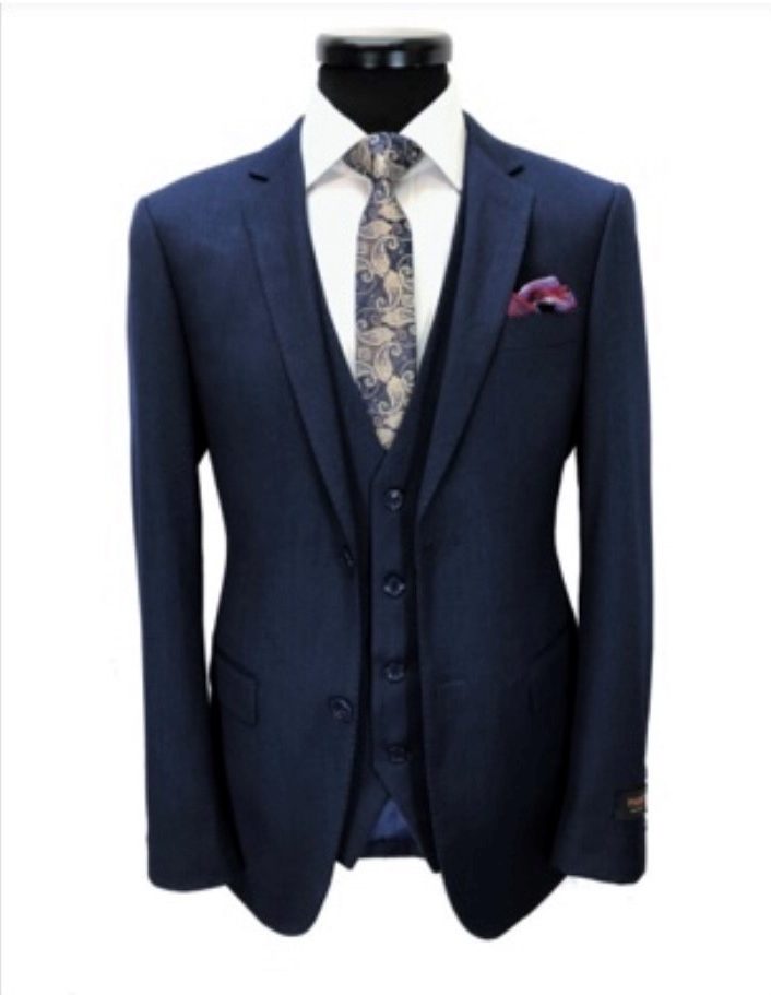 blue 3 piece suit with grey waistcoat