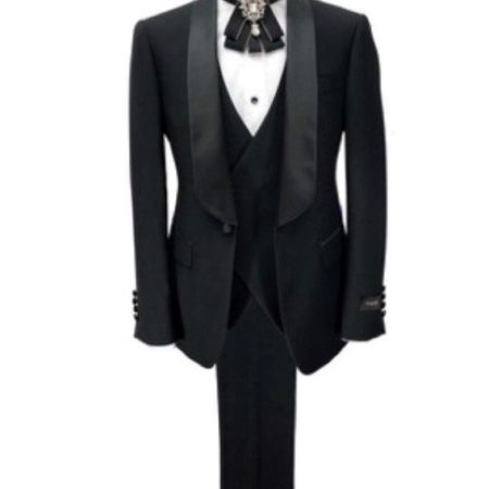 black 3 Piece Tuxedo with Black Shawl Lapel